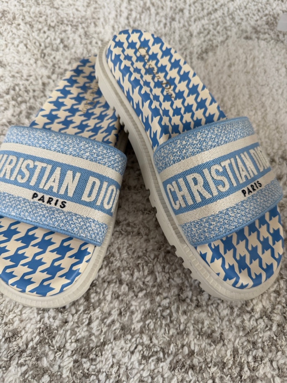 Christian Dior Light Blue and White Houndstooth Slide Sandals - Picture 8 of 8